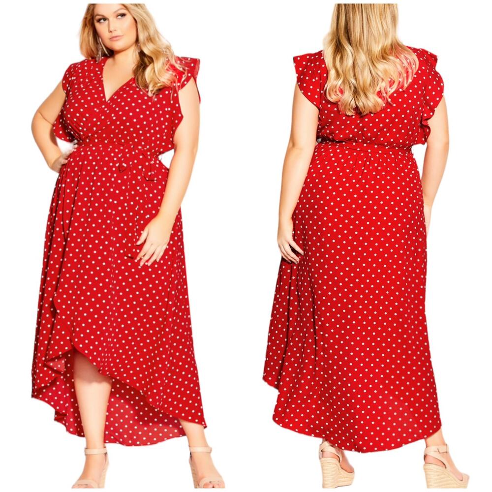 City Chic Red Polka-Dot Wrap Maxi Dress